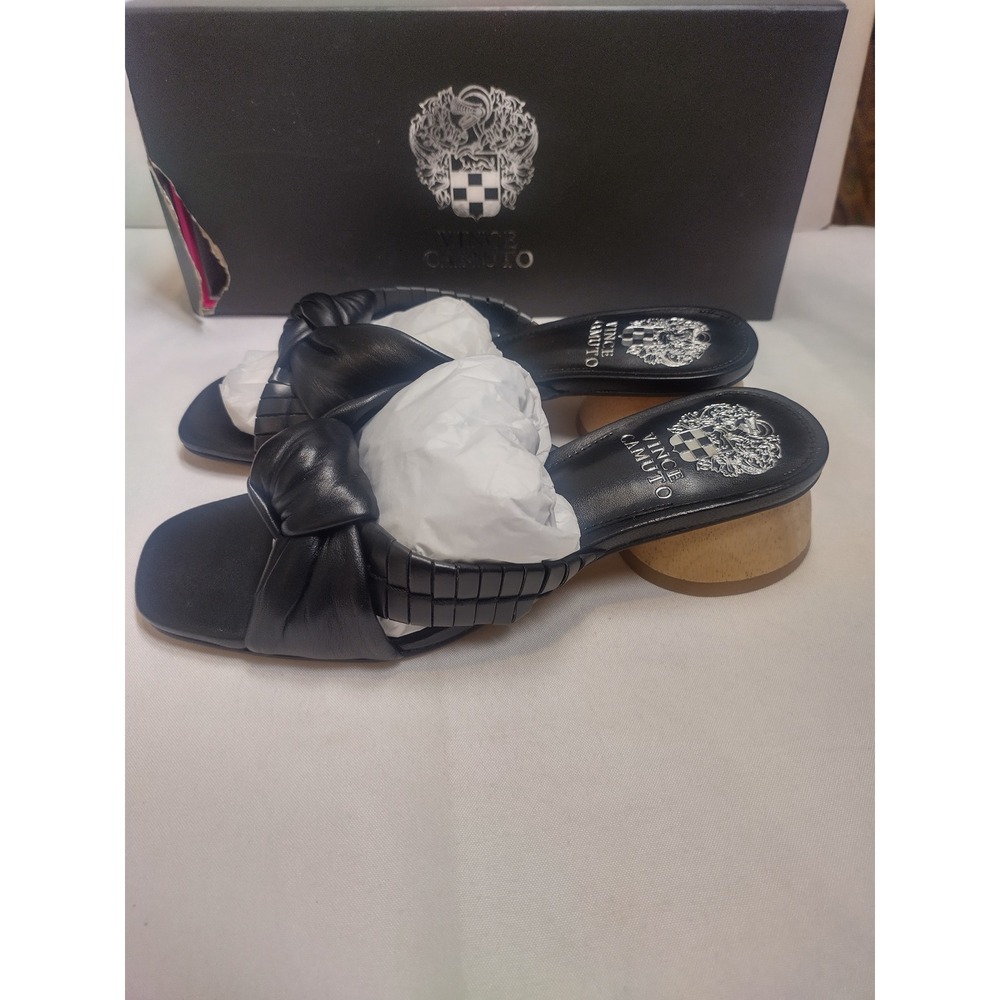 Vince Camuto Leana Black Leather Knotted Slide Sandals Wood Round Heel 5.5M - Picture 4 of 8